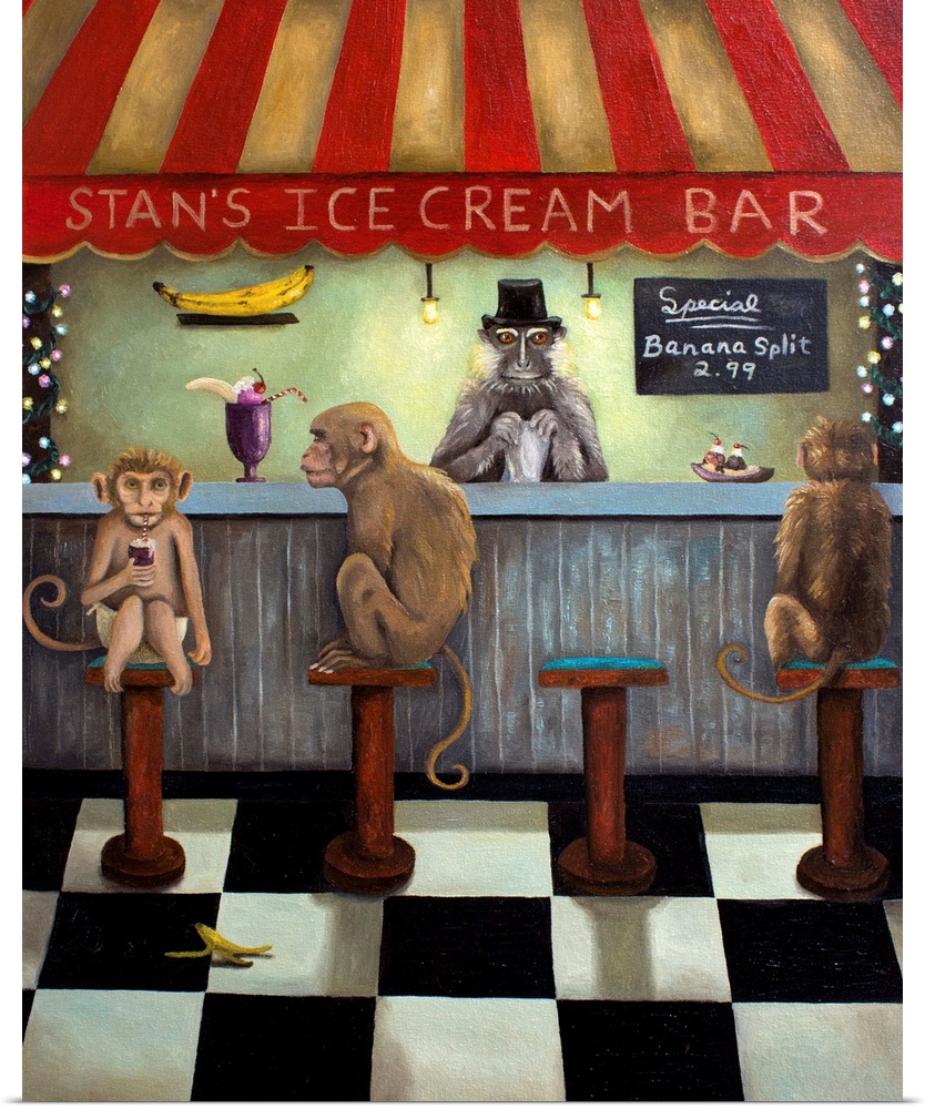 Surrealist painting of an ice cream bar with monkeys sitting at it.