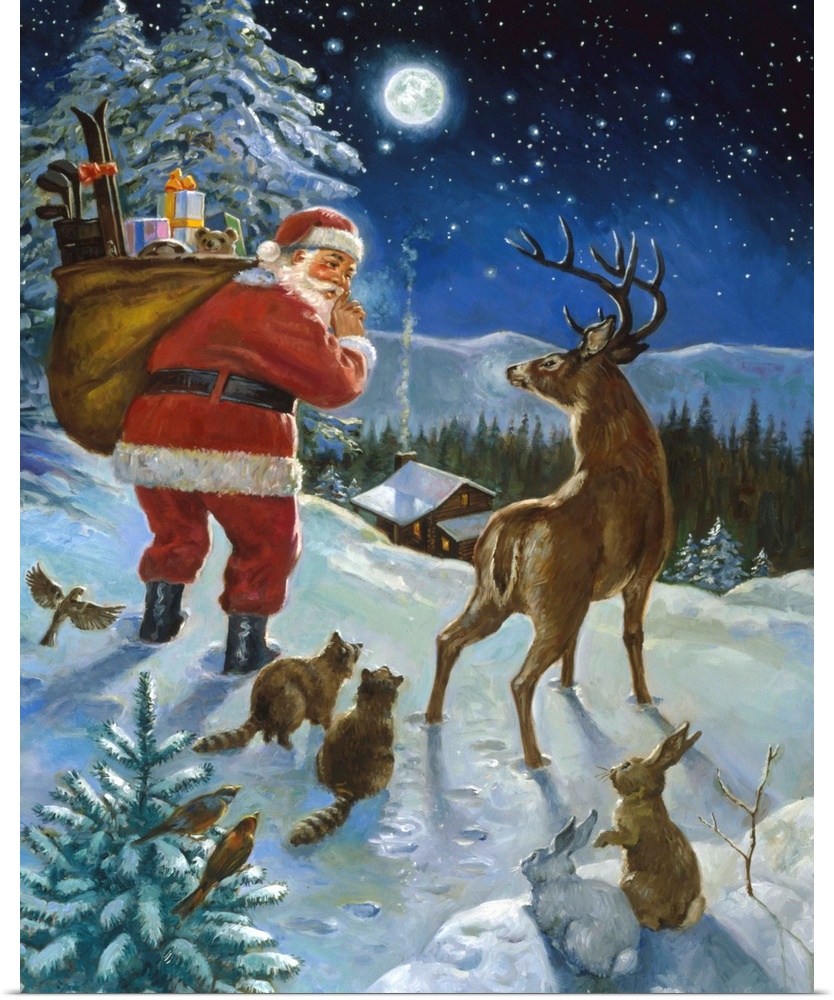 A classic artwork piece of Santa making his way through the woods to a cabin. Surrounding him are wild animals, who watch on.
