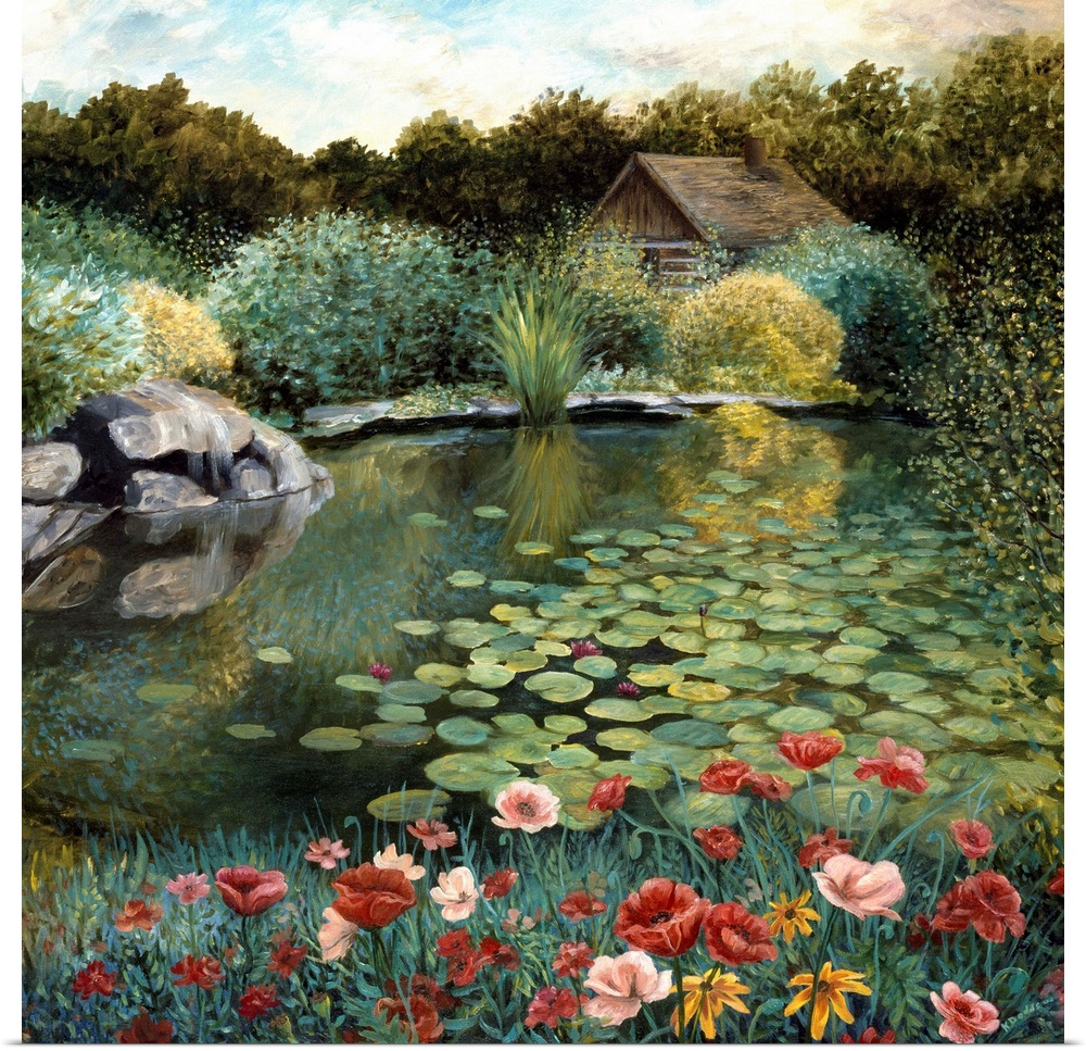Contemporary artwork of a pond full of lily pads in the morning.