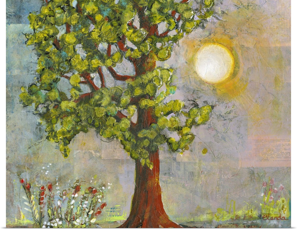 Lighthearted contemporary painting of a tree with a rising sun behind it.