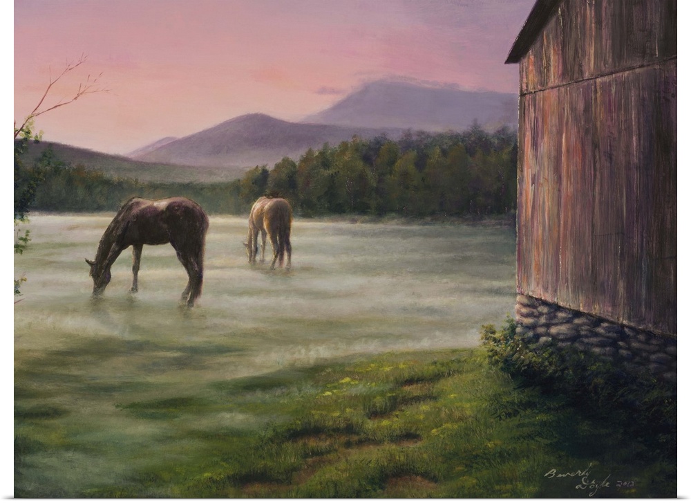 Contemporary painting of horses grazing in the morning mist.