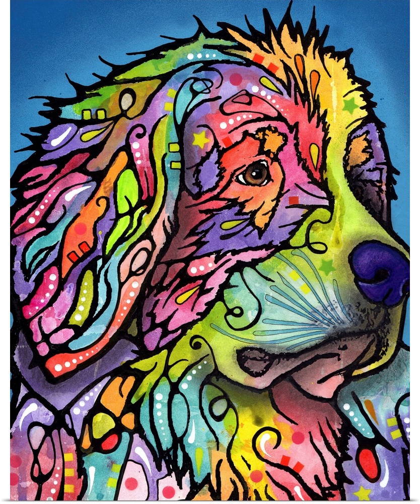 Colorful painting of a Mountain Dog with abstract designs on a blue background.