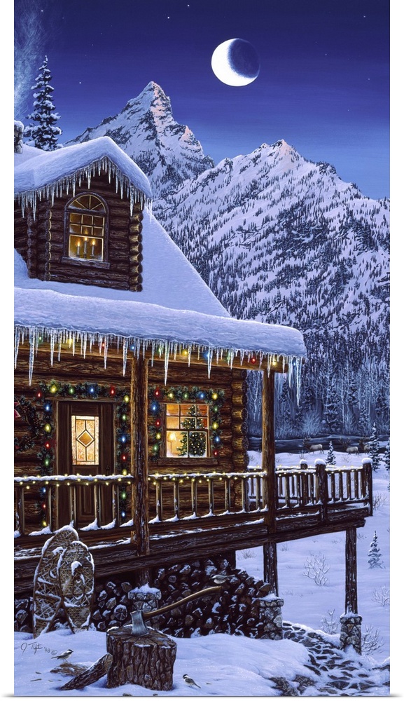 a log cabin, decorated for christmas, snow all around with a crescent moon shining