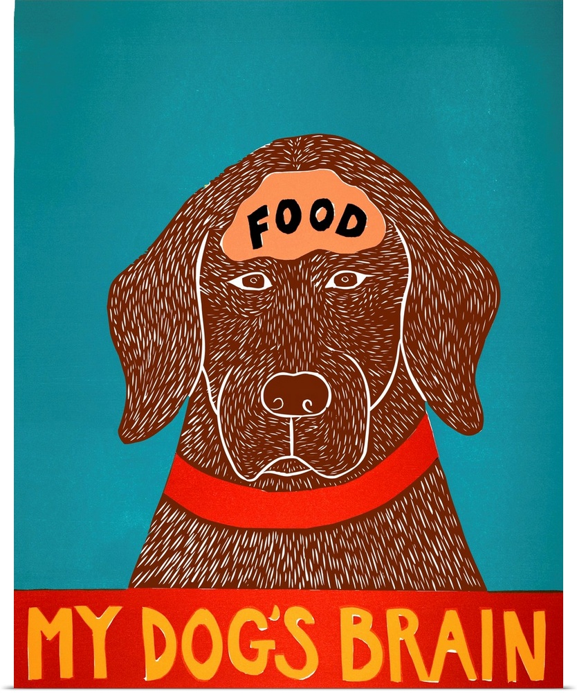 Illustration of a chocolate lab with the word "Food" written on its brain and the phrase "My Dog's Brain" on the bottom.