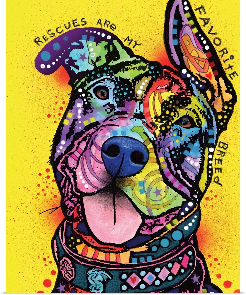 "Rescues Are My Favorite Breed" handwritten around a colorful painting of a rescue dog with abstract markings on a yellow ...