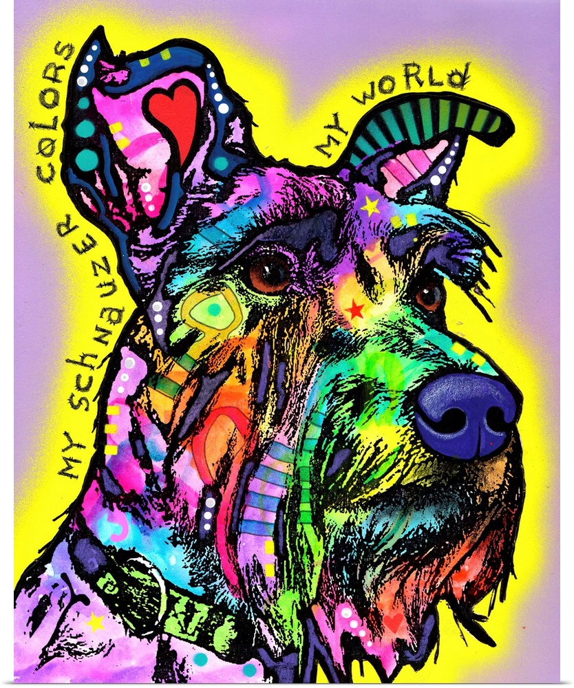 "My Schnauzer Colors My Wold" handwritten around a colorful painting of a Schnauzer on a purple background with a yellow s...