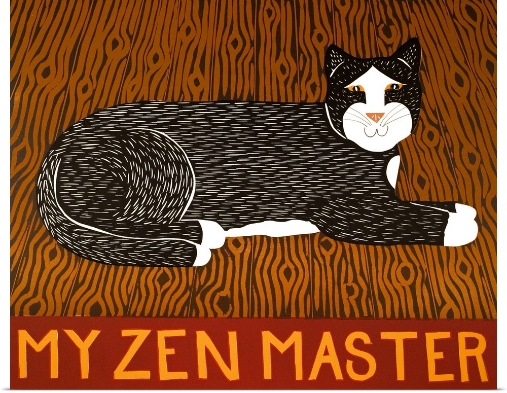 Illustration of a black and white cat laying on hardwood floors with the phrase "My Zen Master" written on the bottom.