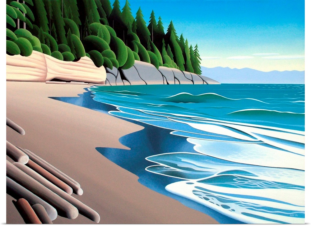 Contemporary colorful painting of a wilderness coastline.