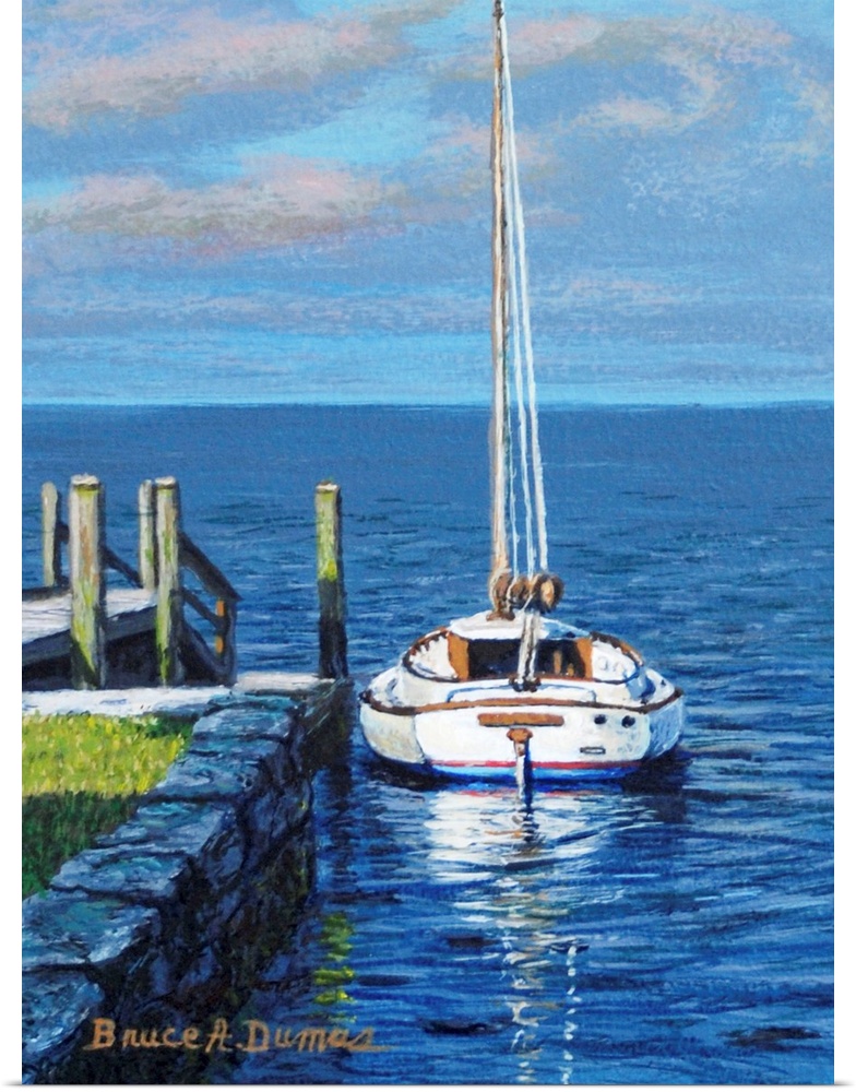 Contemporary artwork of a sailboat at a dock.