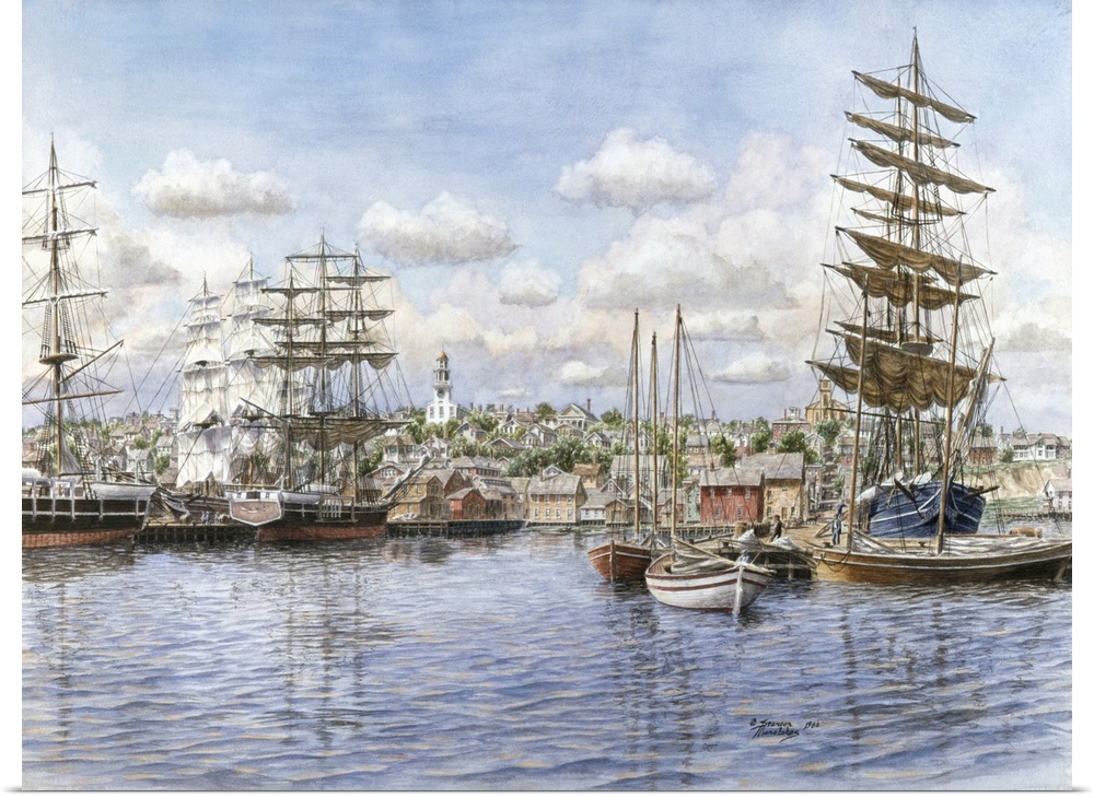 Contemporary painting of a harbor filled with ships and fishing boats.