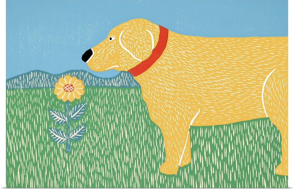 Illustration of a yellow lab smelling a yellow flower.