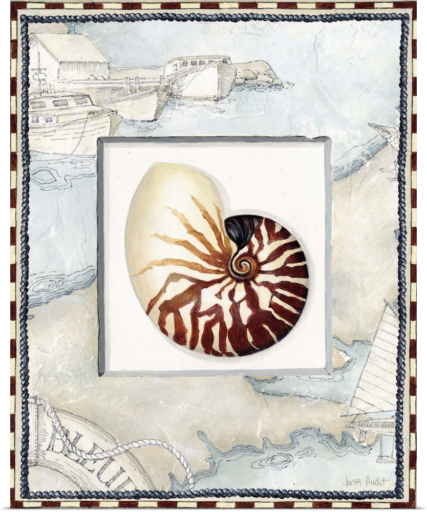 snail shell with harbor and boats border