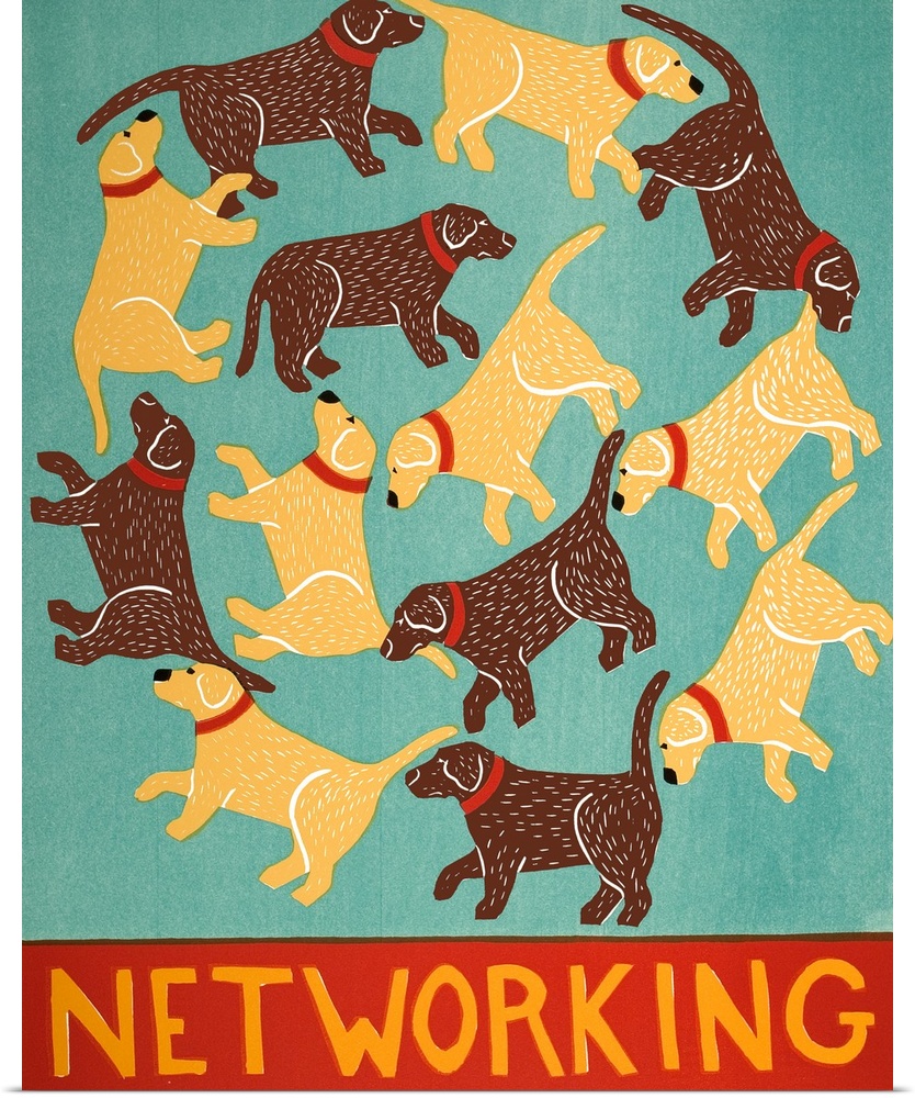 Illustration of chocolate and yellow labs creating circles with the phrase "Networking" written on the bottom.