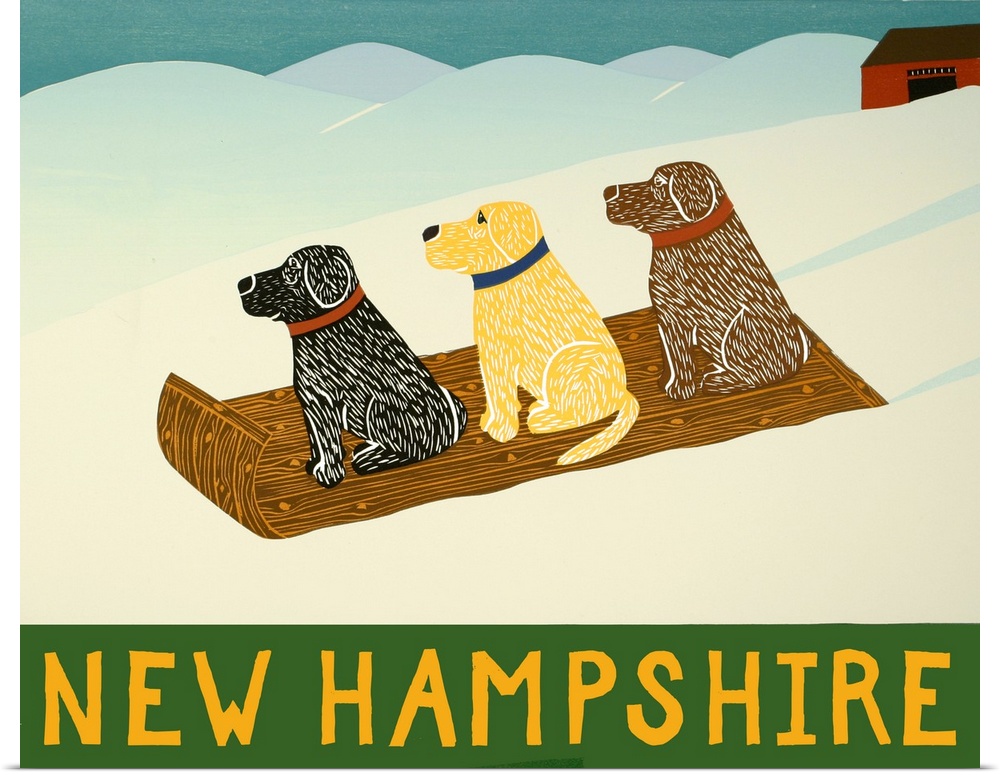 Illustration of a chocolate, yellow, and black lab sledding down the slopes with "New Hampshire" written on the bottom.