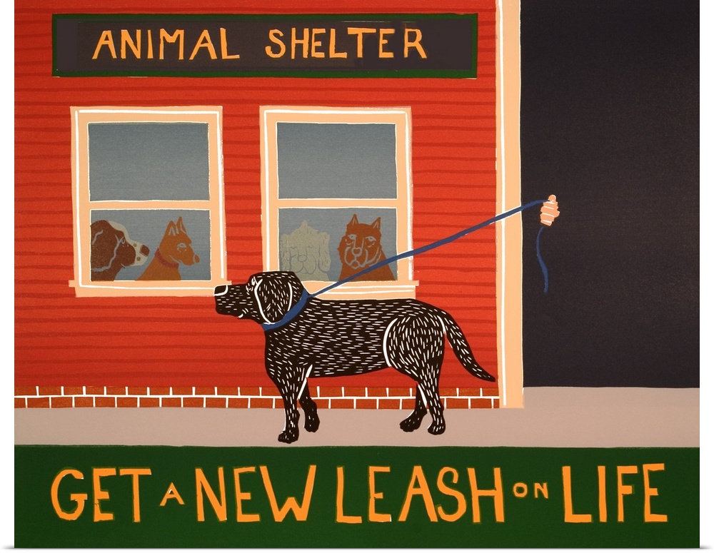 Illustration of a black lab walking on its leash in front of an Animal Shelter with the phrase "Get a New Leash on Life" w...