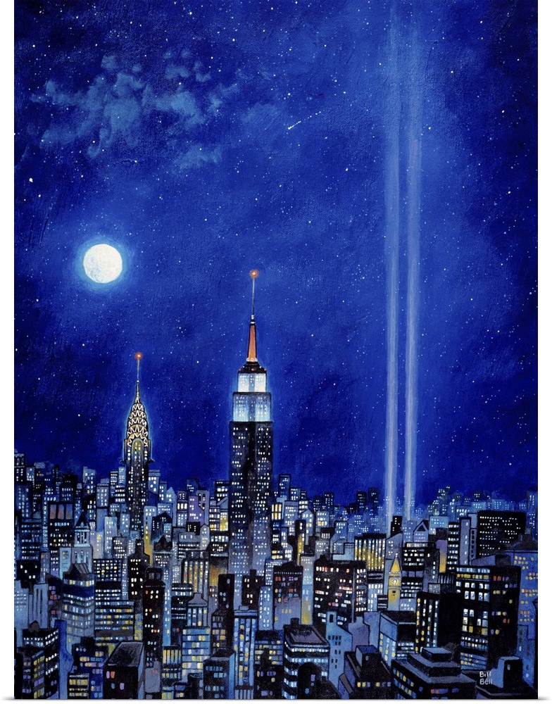 World Trade Center memorial lights  shining in NYC.