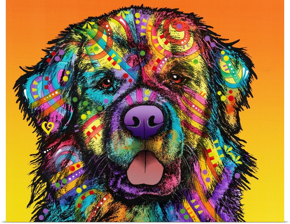 Colorful illustration of a Saint Bernard covered in abstract designs on an orange to yellow gradient background.