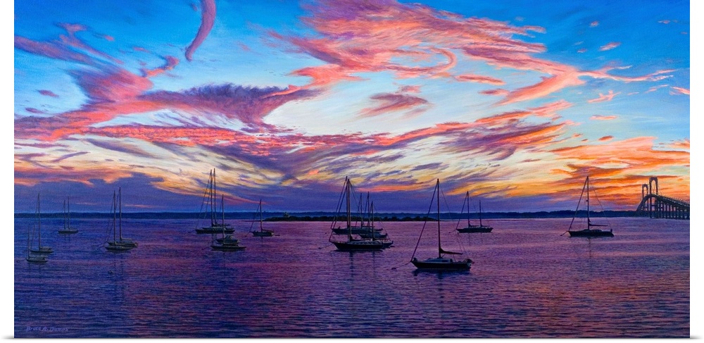 Contemporary artwork of boats in harbor overlooking the sunset.