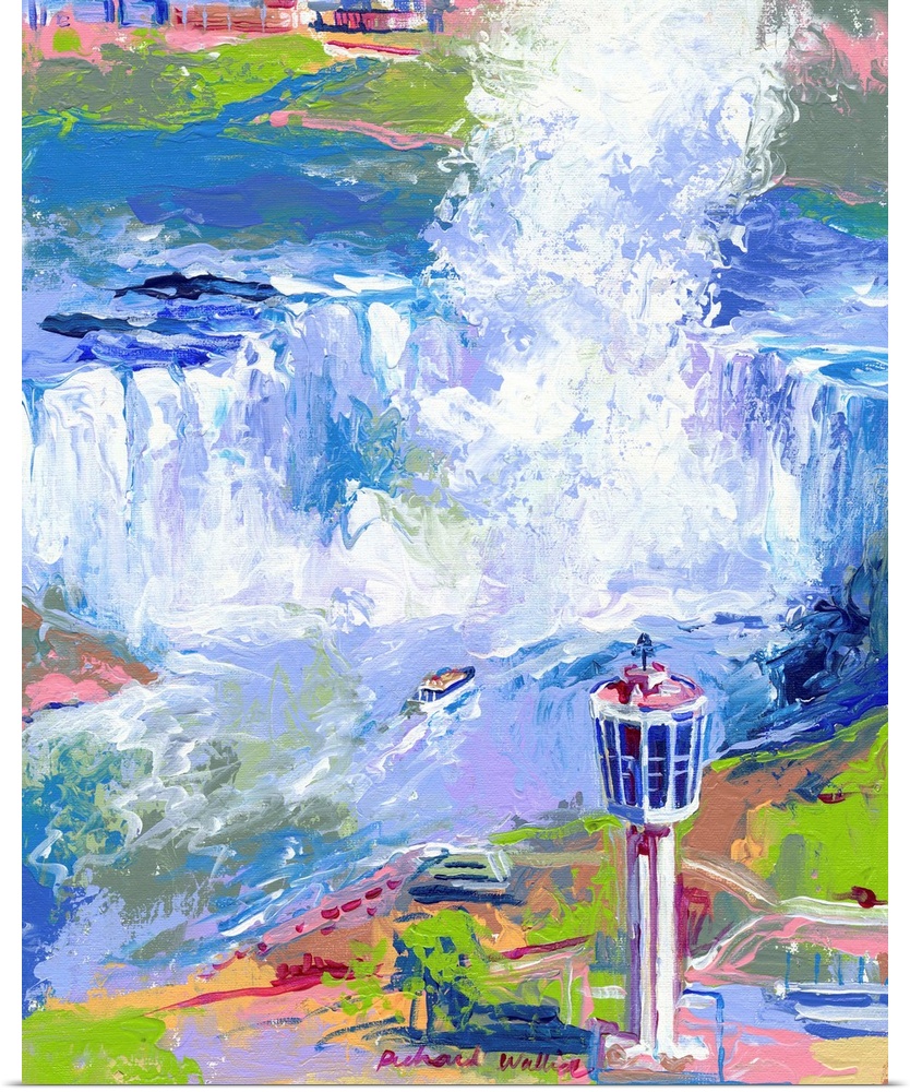 Painting of Niagara Falls from a high view.