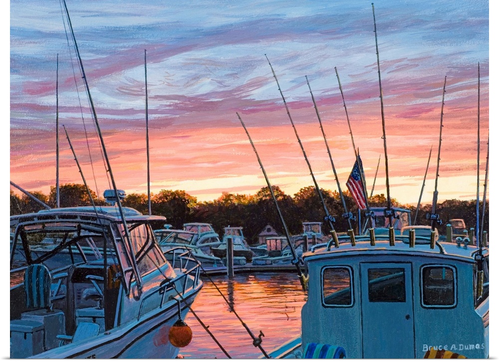 Contemporary painting of a harbor at sunset.