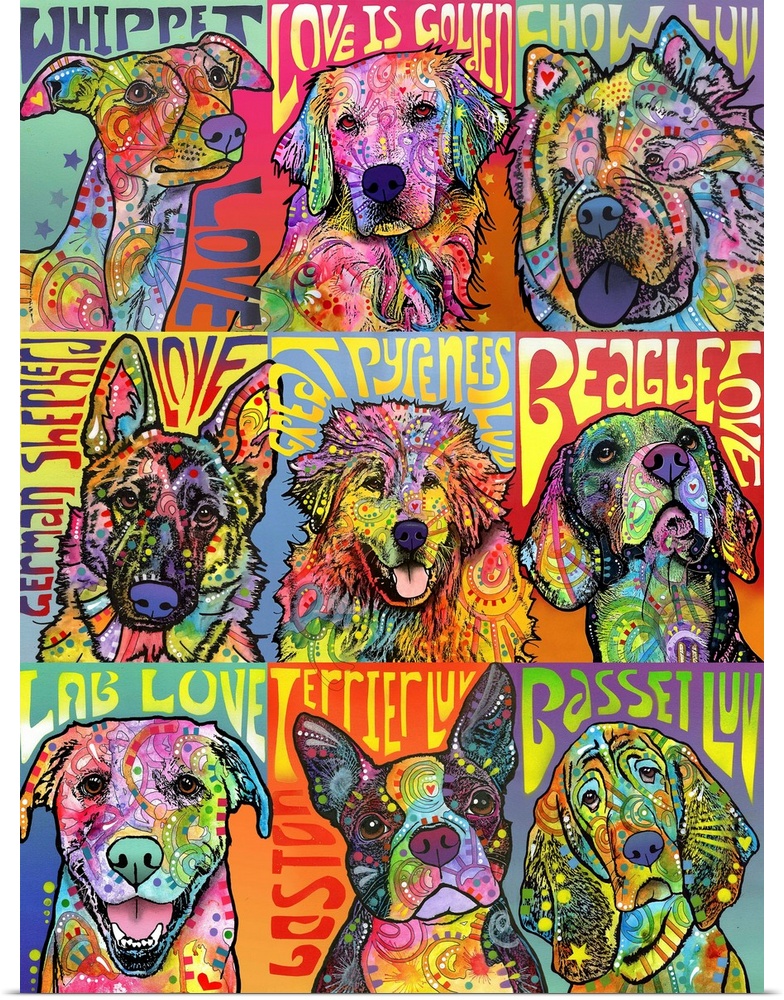 Pop art style painting of nine dogs in a  grid filled with color.