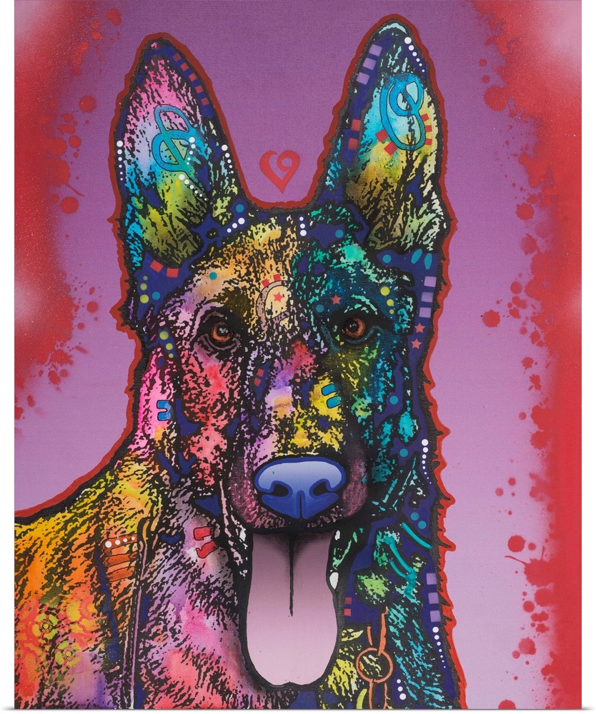 Illustration of a German Shepard dog with different colors and shaped designs on a purple and red spray painted background.