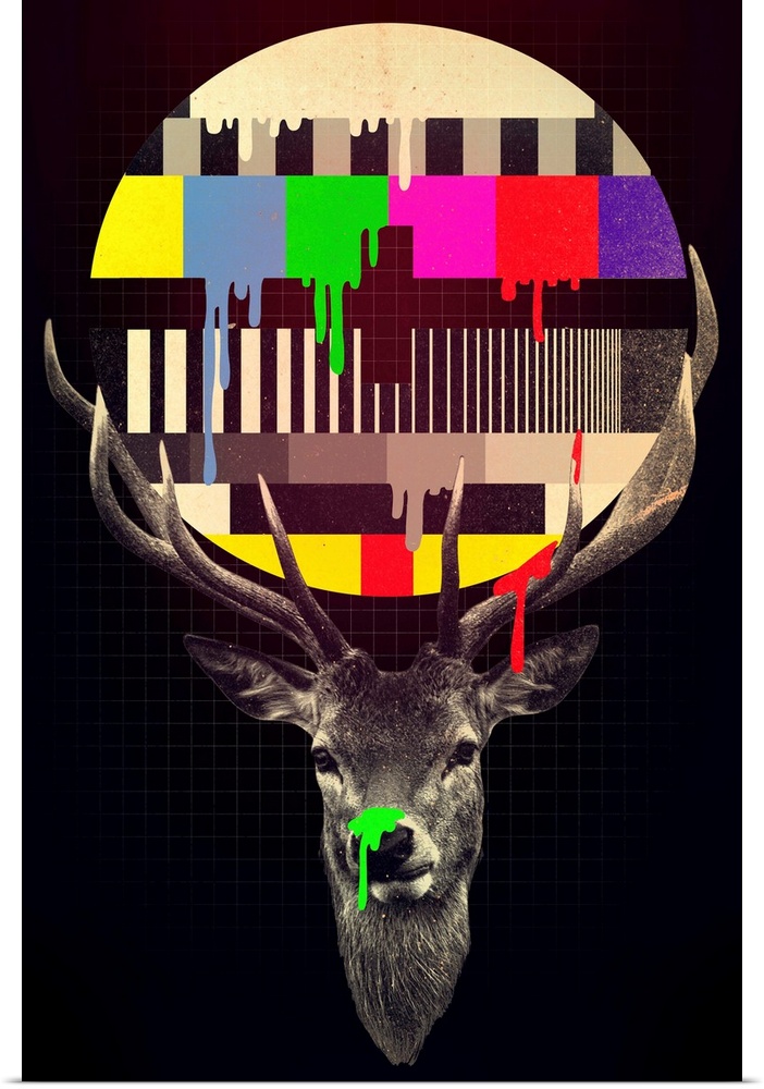 Pop art of a deer with a television color test pattern dripping painting in its antlers.