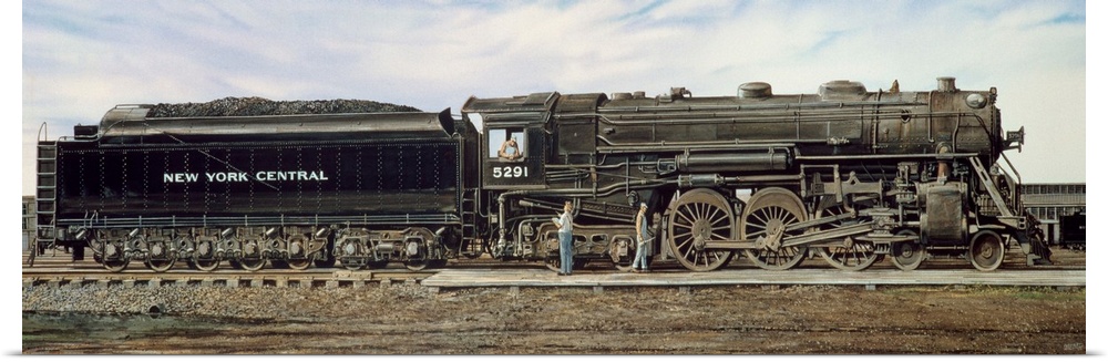 Contemporary painting of a train engine fueling and getting ready to move out.