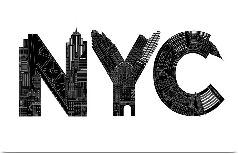 Typography art of the letters NYC made of architectural structures.