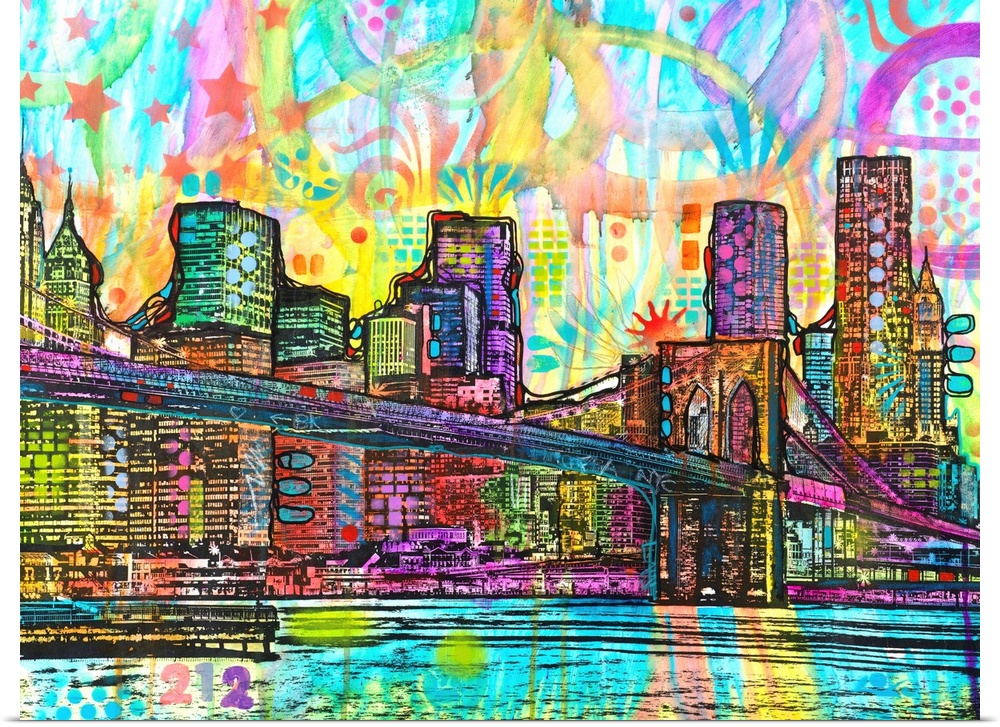 Colorful illustration of the New York City skyline with the Brooklyn Bridge in the foreground, surrounded by abstract desi...