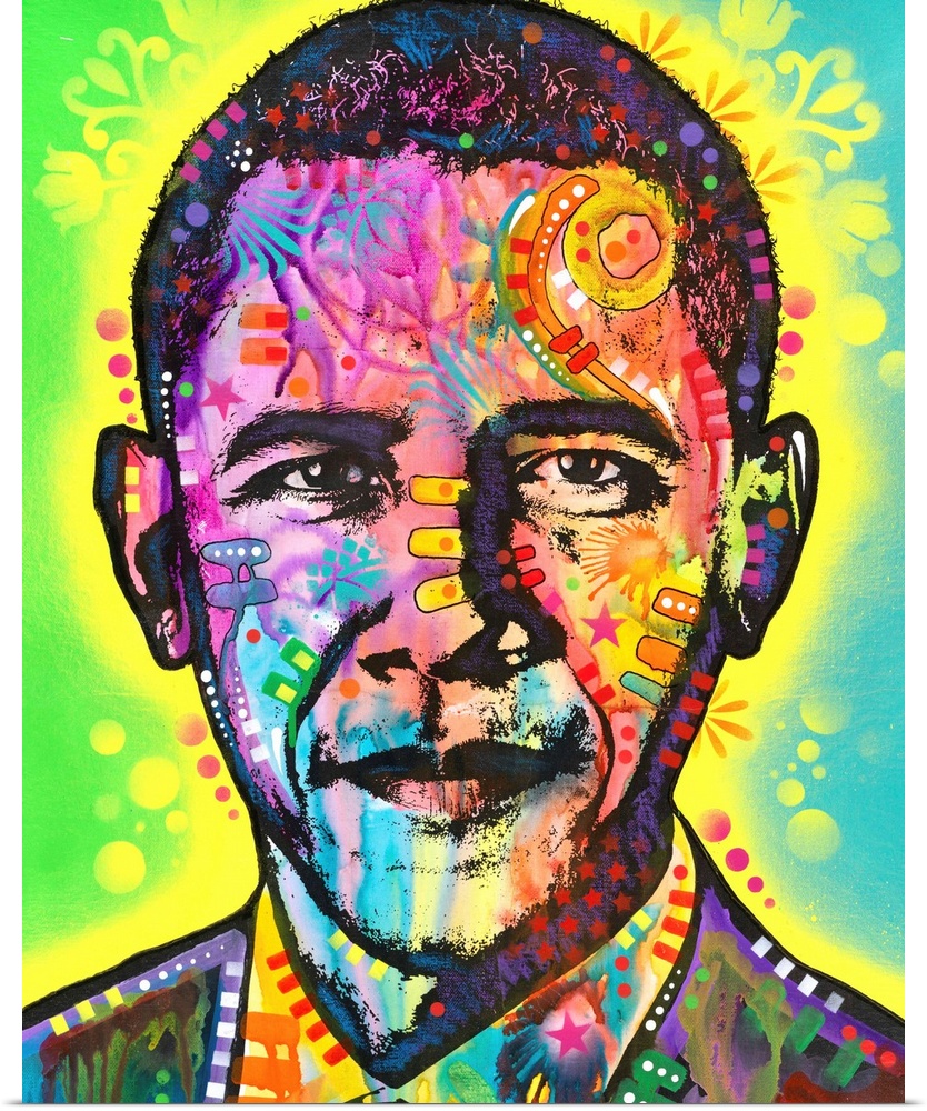 Pop art style painting of Barack Obama with different colors and abstract designs all over.