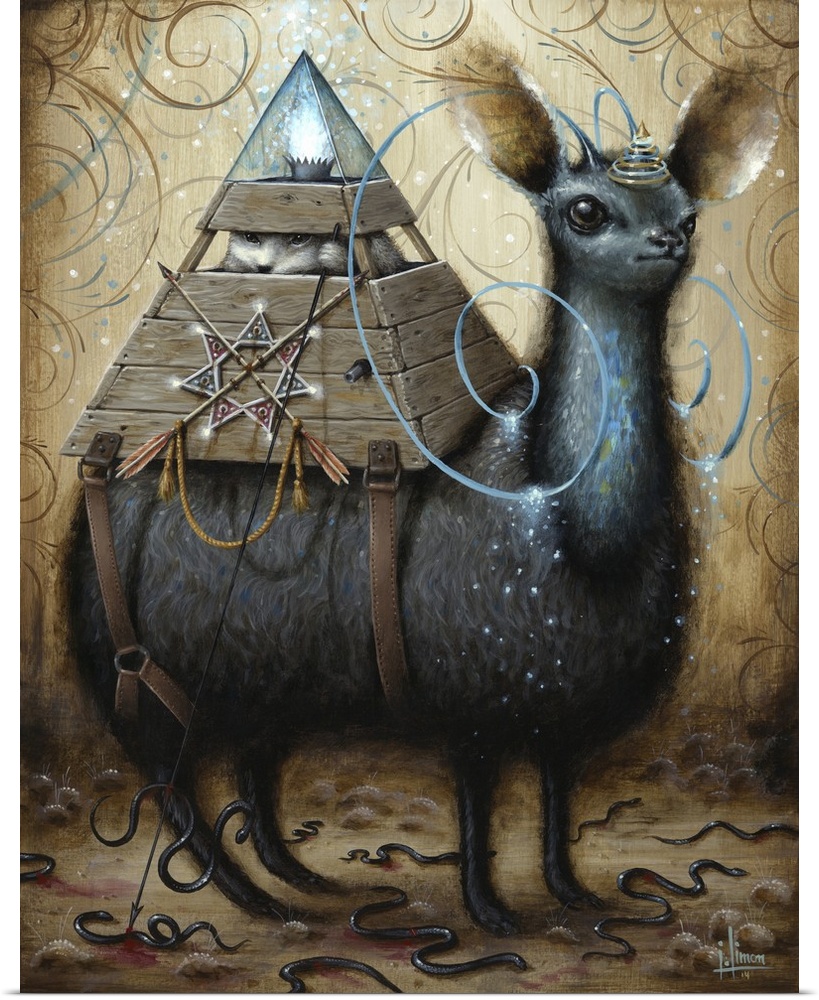 Surrealist painting of a llama-type animal with pyramid shaped box on its back containing an animal.