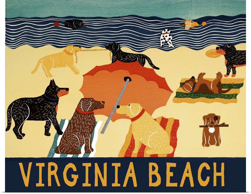 Illustration of multiple breeds of dogs having a beach day with "Virginia Beach" written on the bottom.