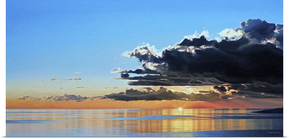 Contemporary painting of a seascape with dark clouds rolling in.