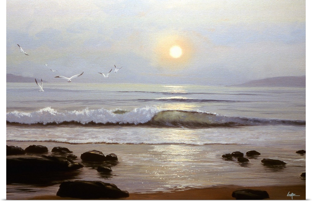 Contemporary painting of the ocean shore with shallow waves at sunset.