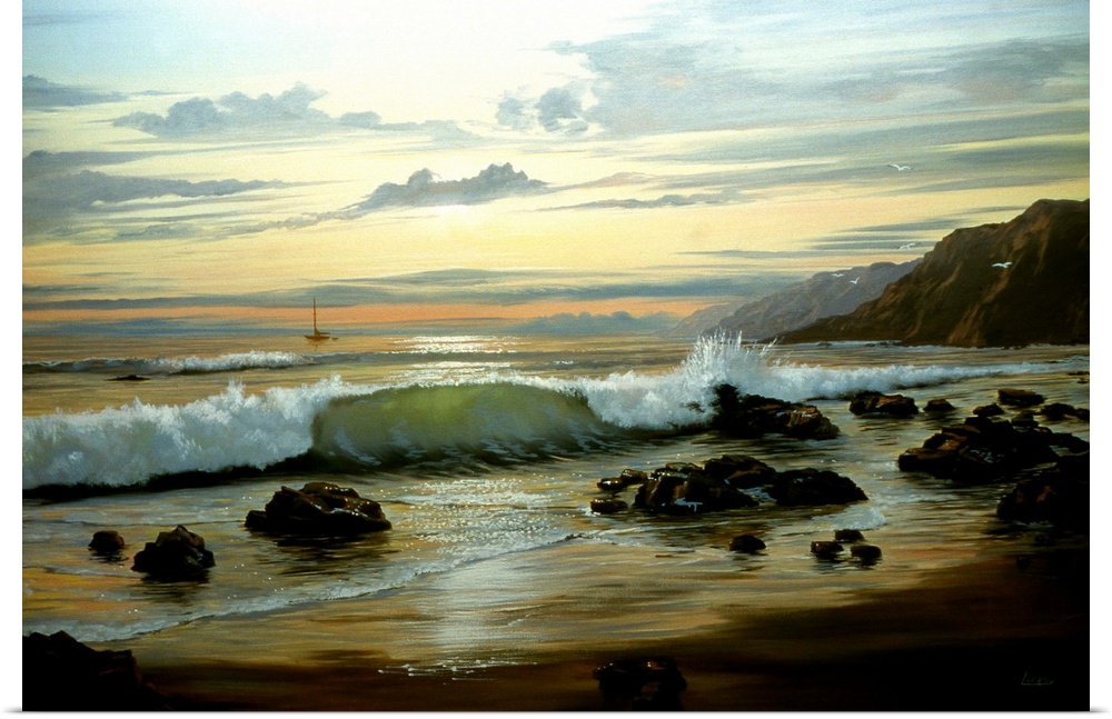 Contemporary painting of waves crashing on the coastline at twilight.
