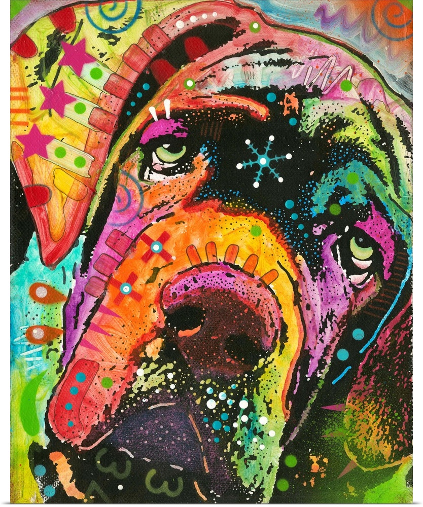 Vibrant painting of droopy faced dog with colorful abstract designs all over.