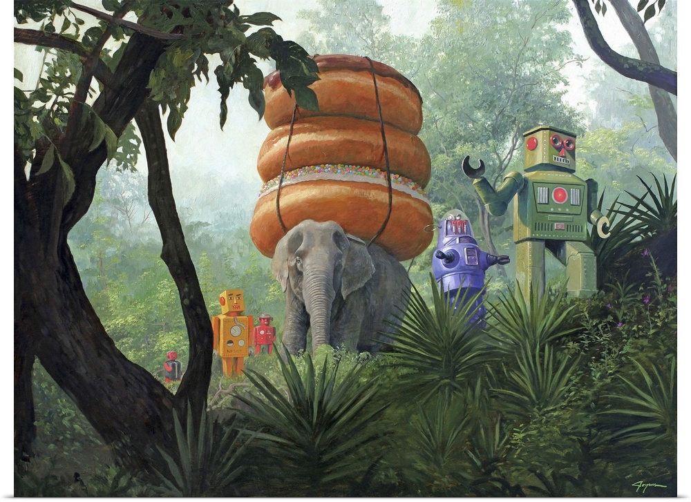 A contemporary painting of a surreal scene of retro toy robots walking through a jungle with an elephant carrying a stack ...