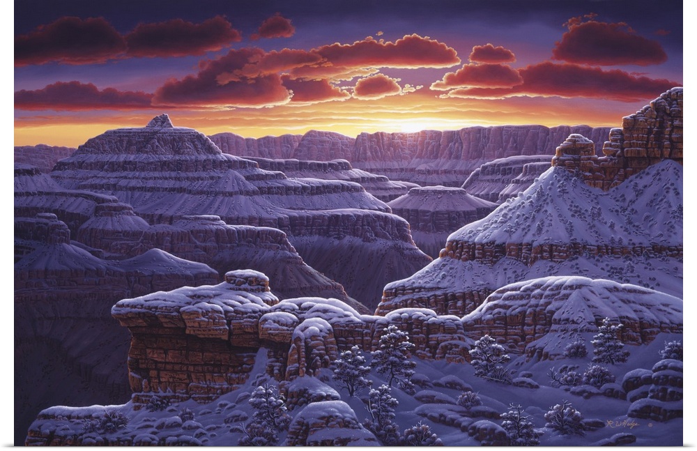 Contemporary landscape painting of the Grand Canyon at sunset in the winter.