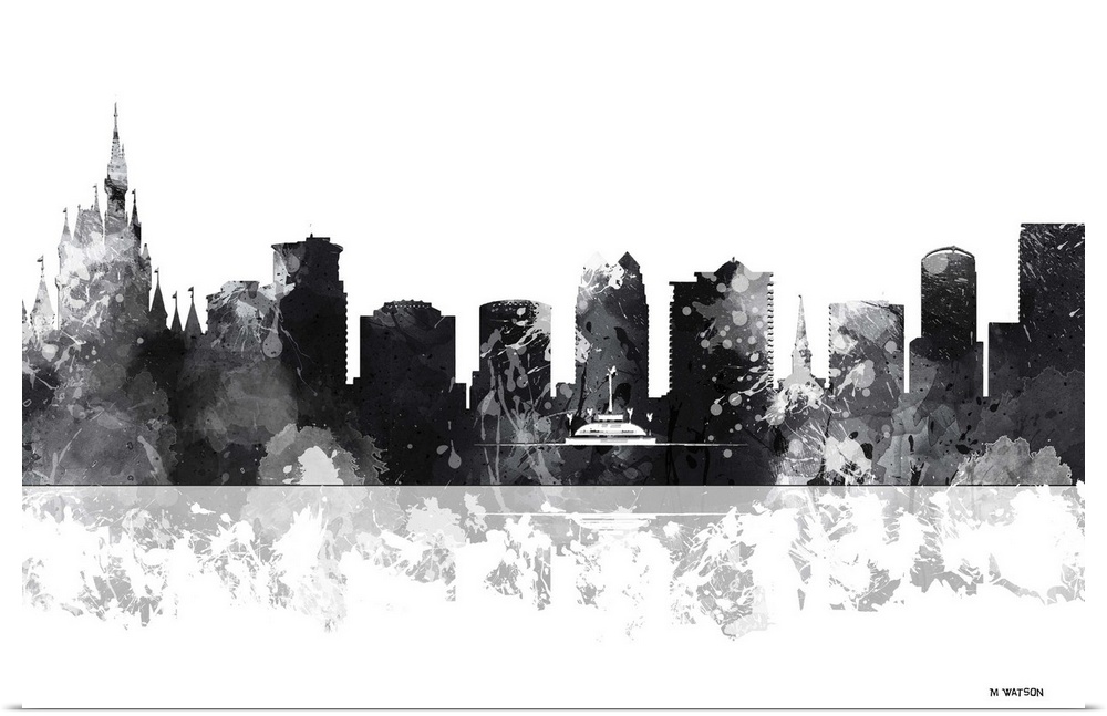 Contemporary black and white watercolor skyline casting a mirror-like reflection below.