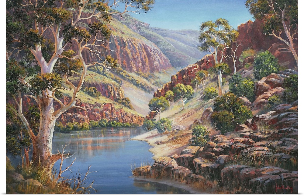 Contemporary painting of a mountainous valley.
