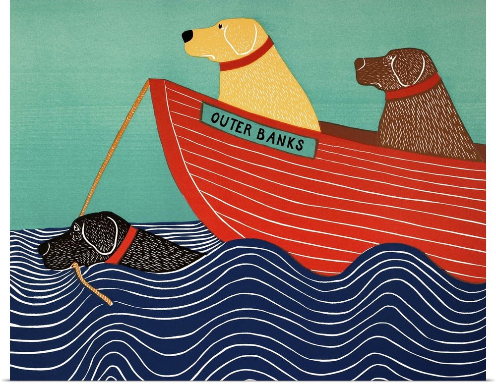 Illustration of a black lab in the ocean pulling a red boat to the Outer Banks with a yellow and chocolate lab on board.