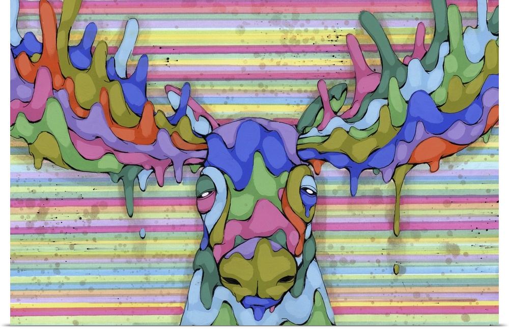 Pop art painting of a moose made of colors on a rainbow striped background.