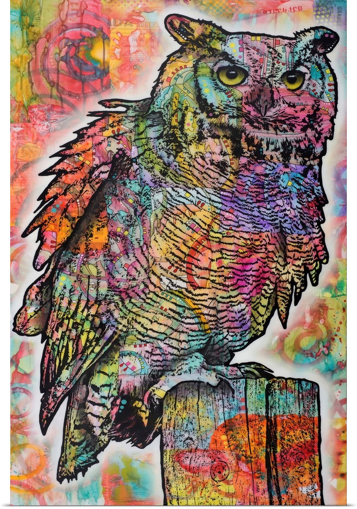 Colorful illustration of an owl perched on a wooden pole with a graffiti-style background.