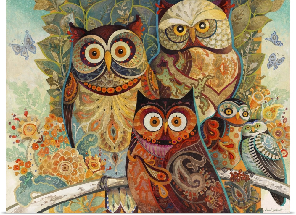 Illustration of several owls in colorful paisley patterns.