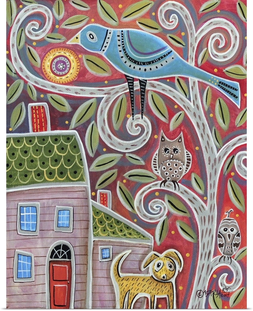 Contemporary painting of a large bluebird and two small owls in a tree above a dog.