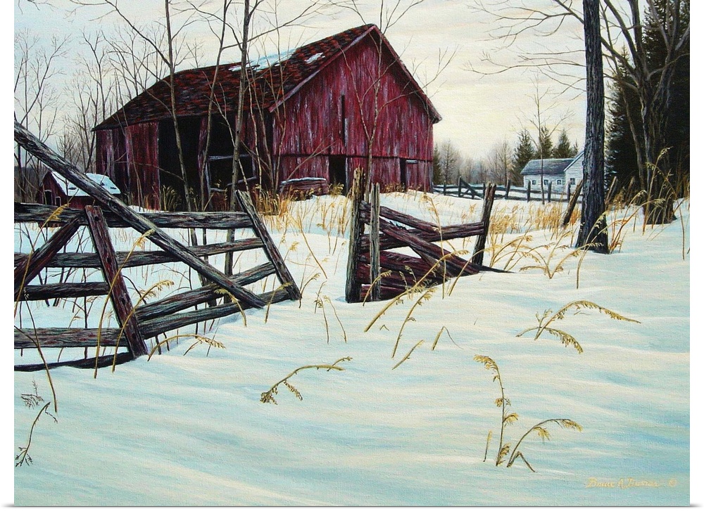 Contemporary artwork of a snowy field with rickety fence with barn in the background.