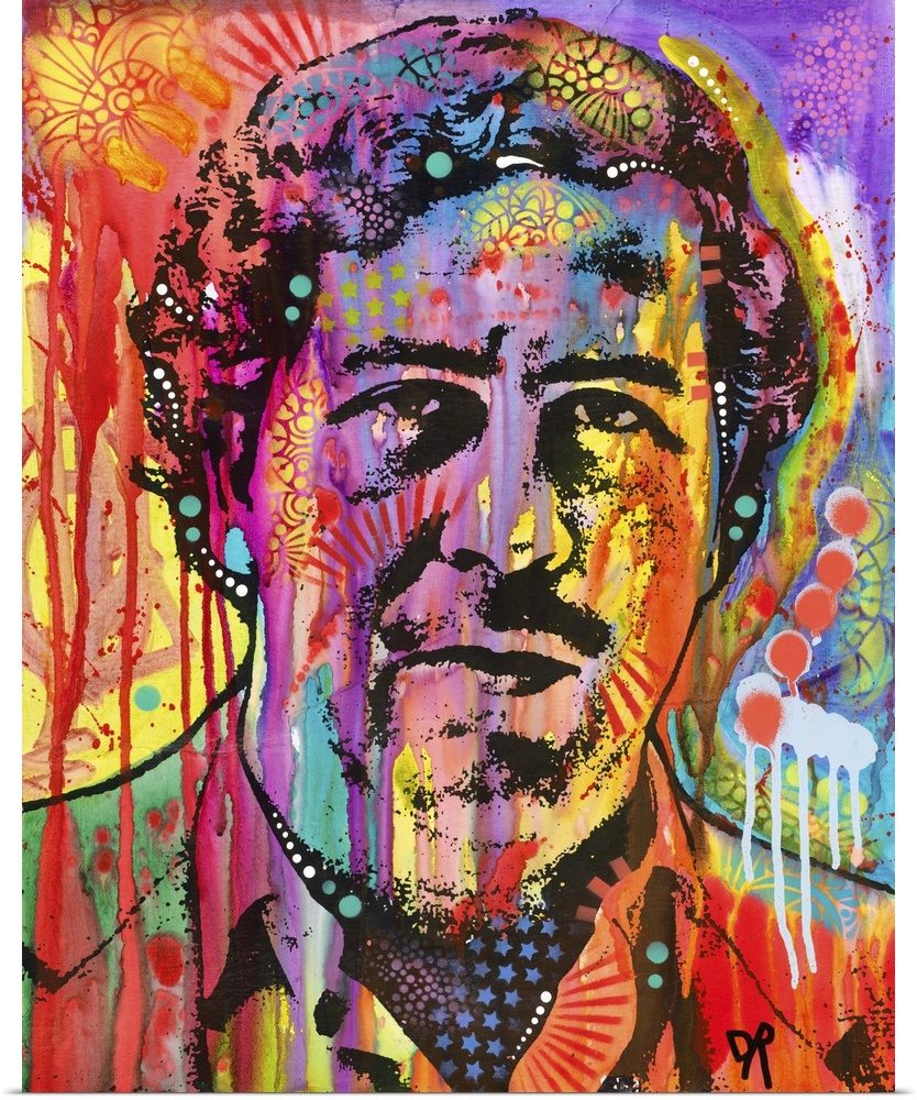 Pop art style painting of Pablo Escobar with abstract designs and paint dripping all over.