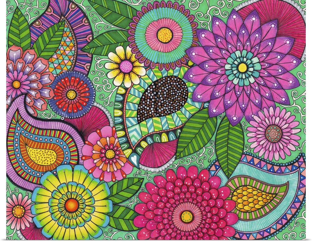Contemporary abstract artwork of flowers using bright vibrant colors and patterns.