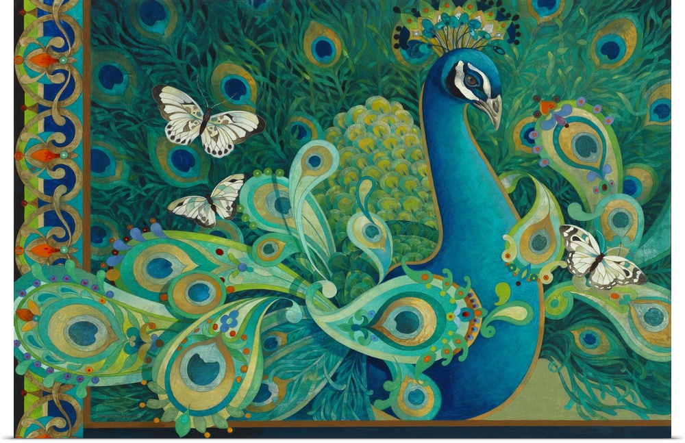 Contemporary artwork of a peacock with exaggerated and elaborate feathers, with butterflies hovering.